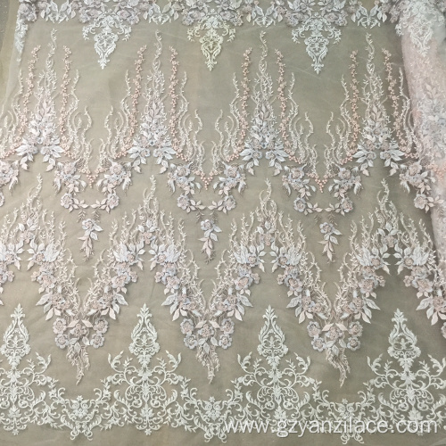 Classical Light Blue Handwork Beaded Embroidery Fabric